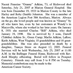 Naomi Francine “Granny” <I>Johnston</I> Adkins 