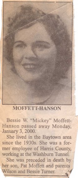 Bessie W “Mickey” <I>Turner</I> Moffett-Hanson 