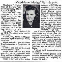 Magdalene Frances “Madge” <I>Binder</I> Platt 