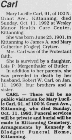 Mary Lucille <I>Crytzer</I> Carl 