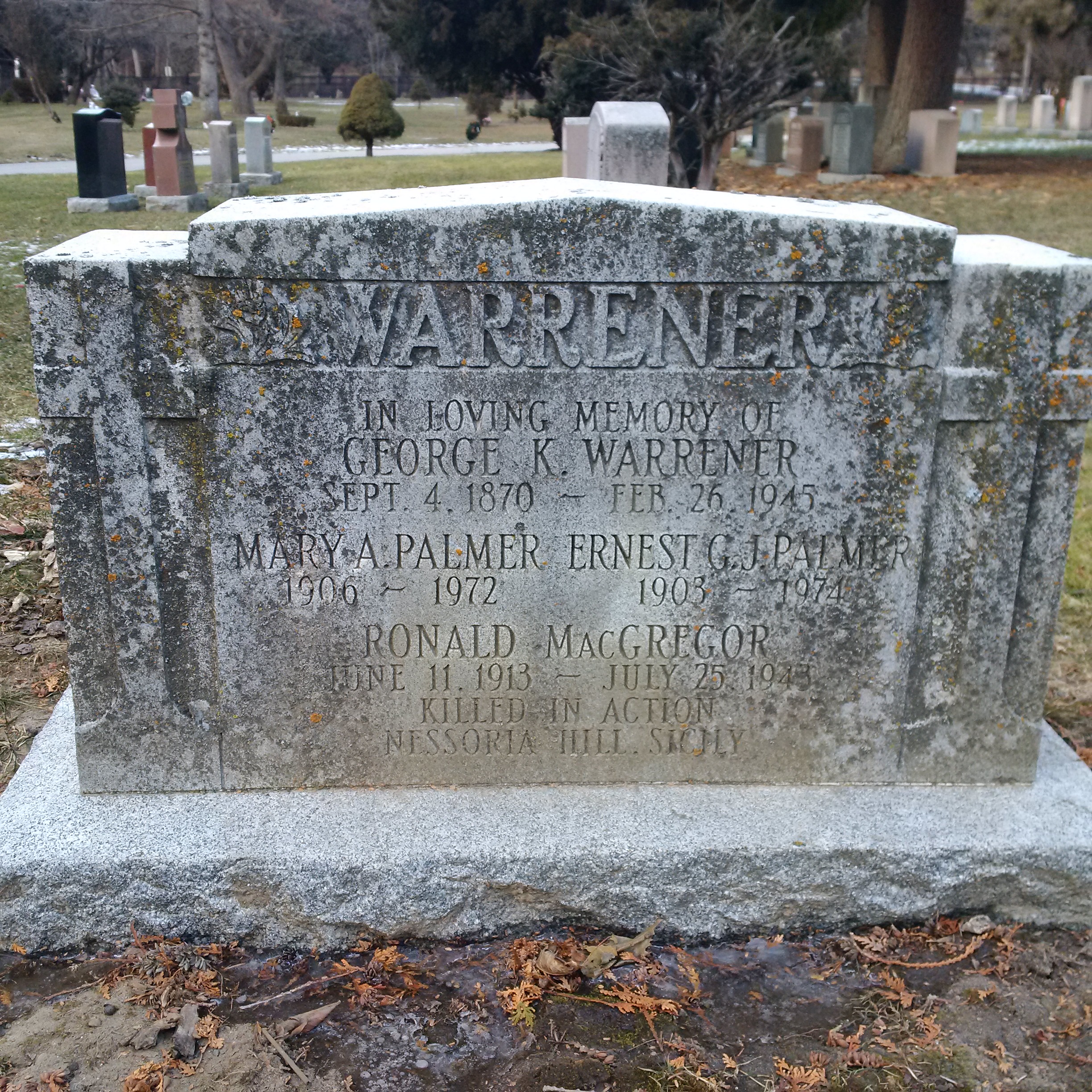 Find a Grave, database and images (https://www.findagrave.com/memorial/169703644/george-kaye-warrener : accessed 9 February 2022), memorial page for George Kaye Warrener (1870–1945), Find a Grave Memorial ID 169703644, citing Prospect Cemetery, Toronto, Toronto Municipality, Ontario, Canada ; Maintained by Family Foliage (contributor 49085284).