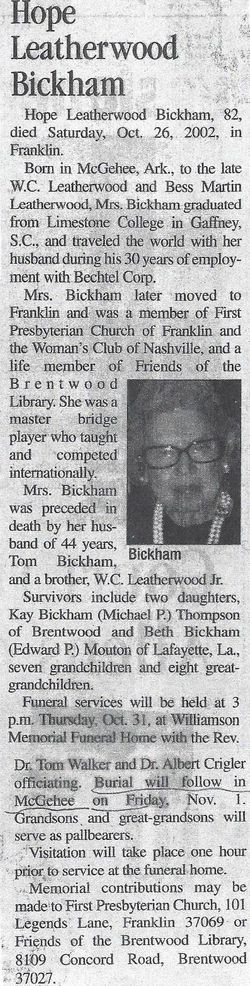 Hope <I>Leatherwood</I> Bickham 