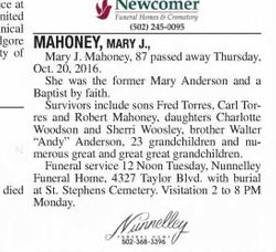 Mary Juanita <I>Anderson</I> Mahoney 