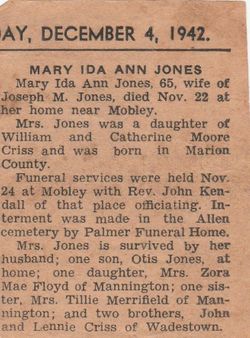 Mary Ida Anne <I>Criss</I> Jones 
