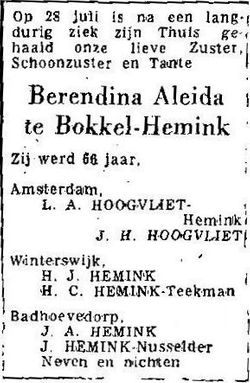 Berendina Aleida <I>Hemink</I> te Bokkel 