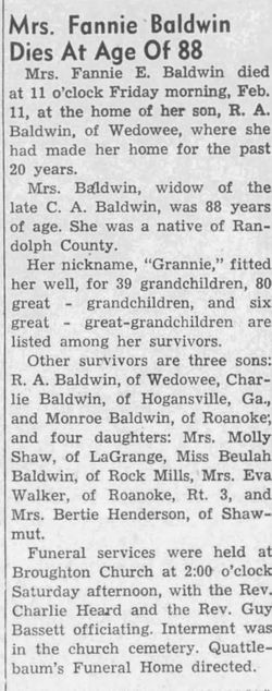 Mary Frances Elizabeth “Fannie/Grannie” <I>Sanders</I> Baldwin 