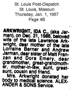 Ida Clara <I>Franzen</I> Jarman Arkwright 