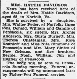 Harriet “Hattie” <I>Simmons</I> Davidson 