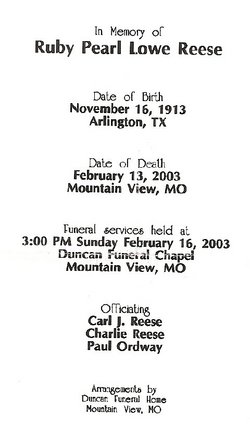 Ruby Pearl Lowe Reese 1913 2003 Find A Grave Memorial