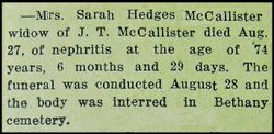  Sarah <I>Hedges</I> McCallister